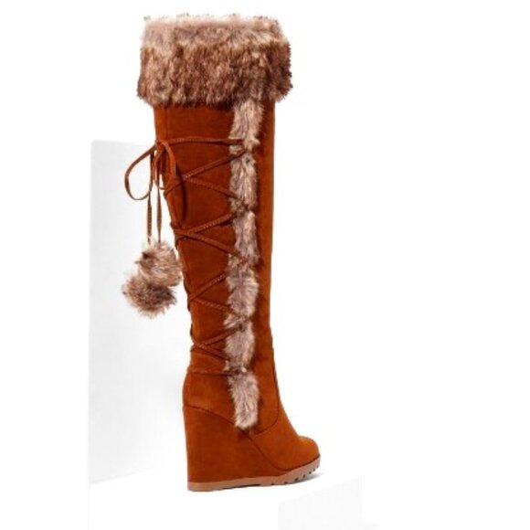 🆕 JF Cynthia Boots ❄️ Cognac Faux Fur Wedge Boots | Sold Out - Picture 1 of 9